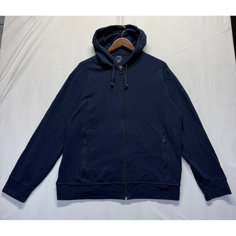 Polo Ralph Lauren Hoodie Mens XL Navy Blue Cotton Pony Logo Ribbed Trim Full Zip